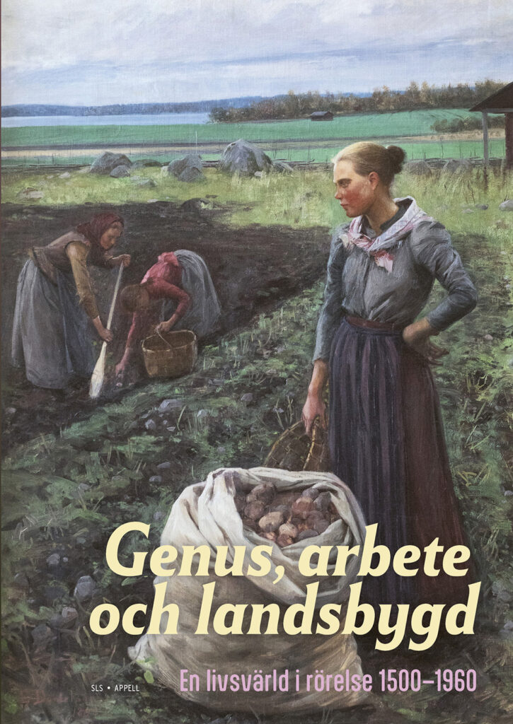 Målning av tre kvinnor i traditionella kläder som skördar potatis på en åker med en sjö och skog i bakgrunden. Texten "Genus, arbete och landsbygd" syns överst på säckarna med potatis.