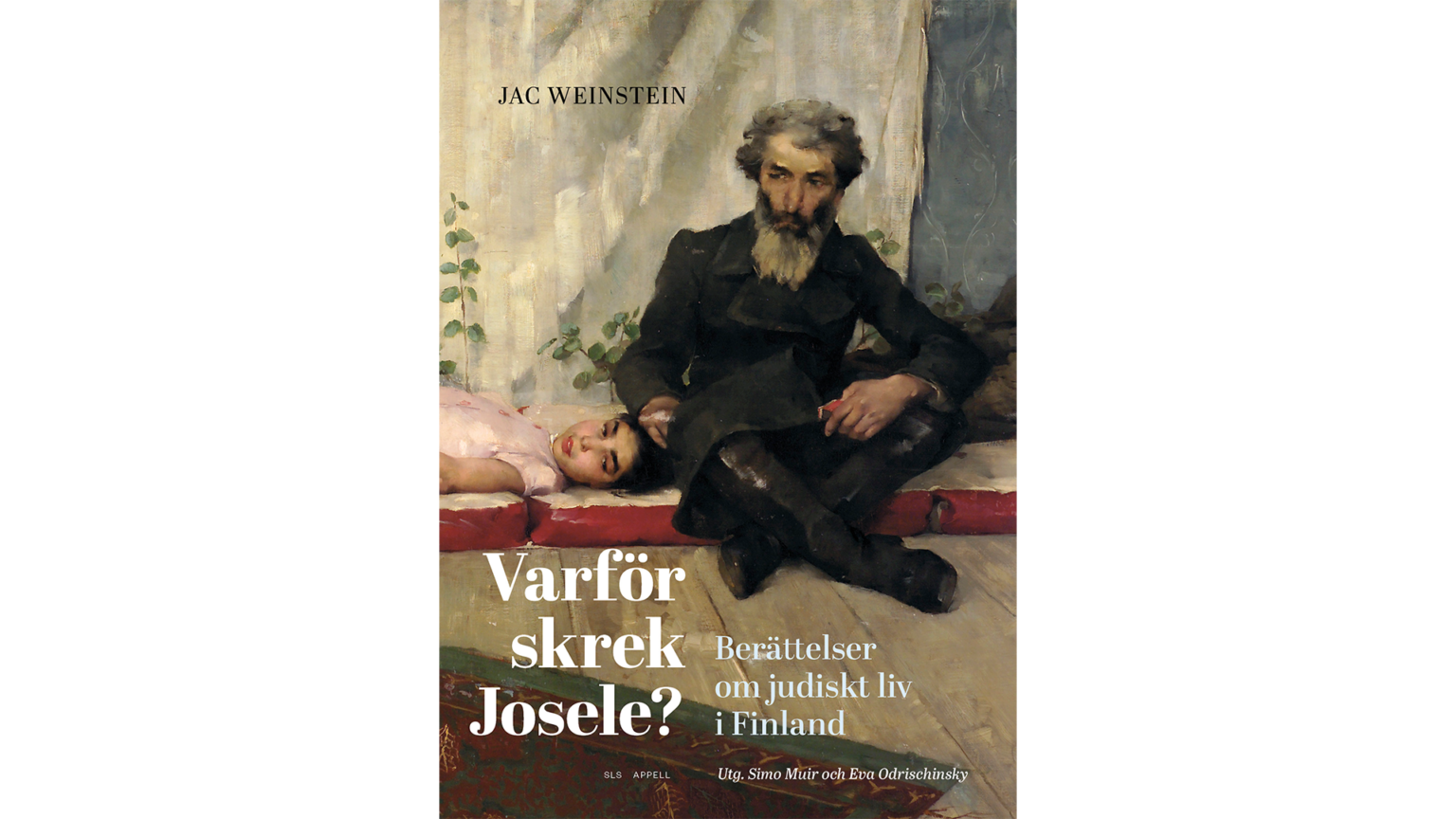 Målning av en äldre man med grått hår och skägg som sitter tänkande på golvet bredvid en liggande ung flicka i rosa klänning, med en sliten vägg och växt i bakgrunden.