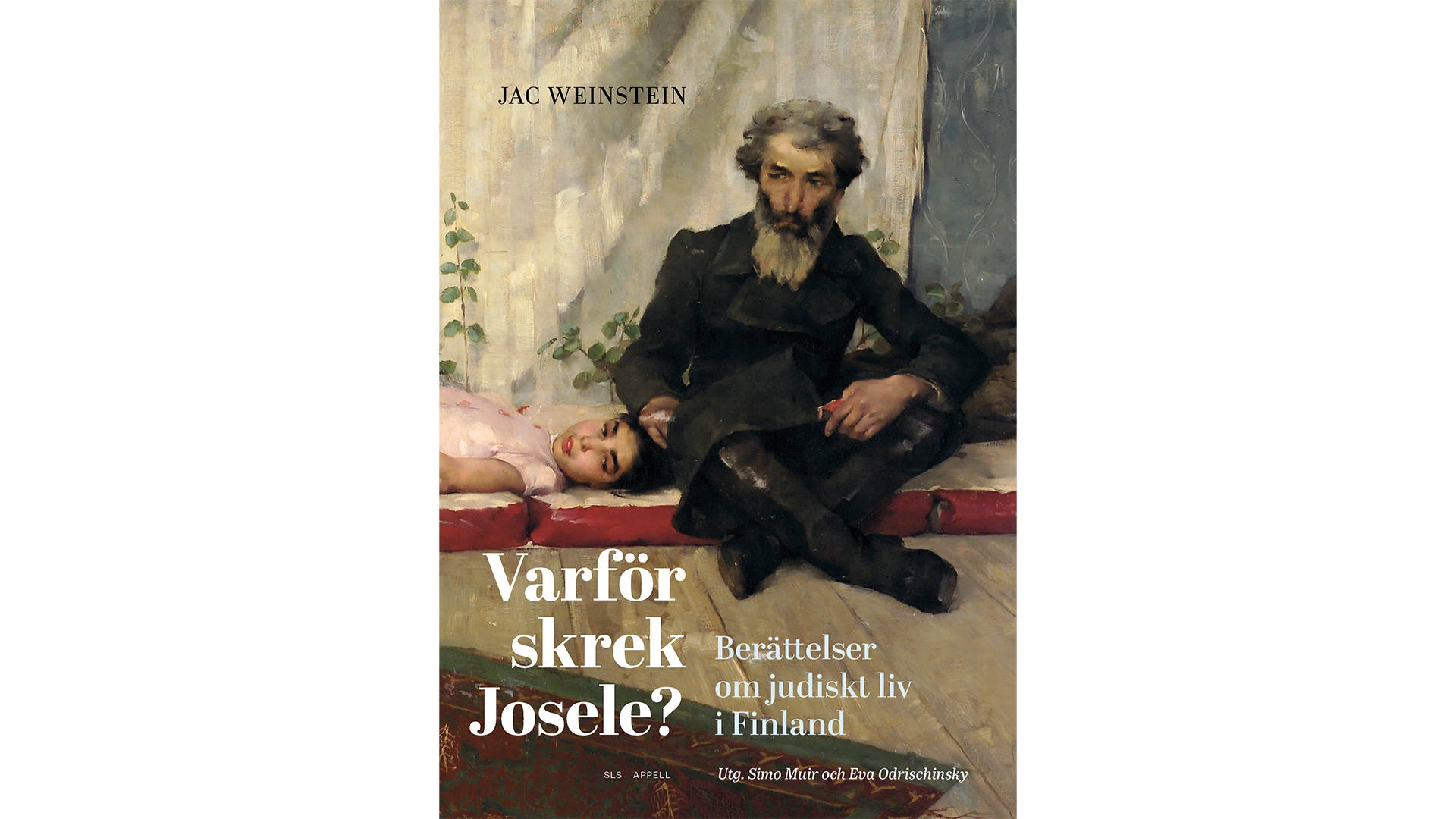 Målning av en äldre man med grått hår och skägg som sitter tänkande på golvet bredvid en liggande ung flicka i rosa klänning, med en sliten vägg och växt i bakgrunden.